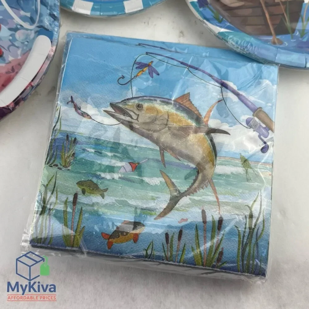 Fishing Birthday Party Paper Plates & Napkins Set Disposable Fisherman Tableware